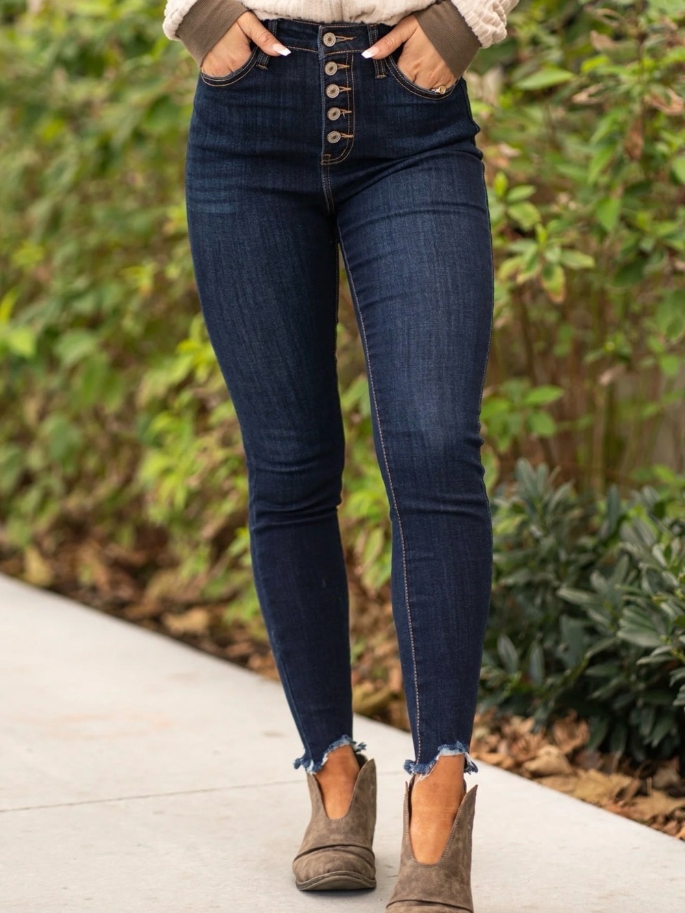 High-Rise Dark Wash Button-Fly Skinny Jeans - Dark Blue
